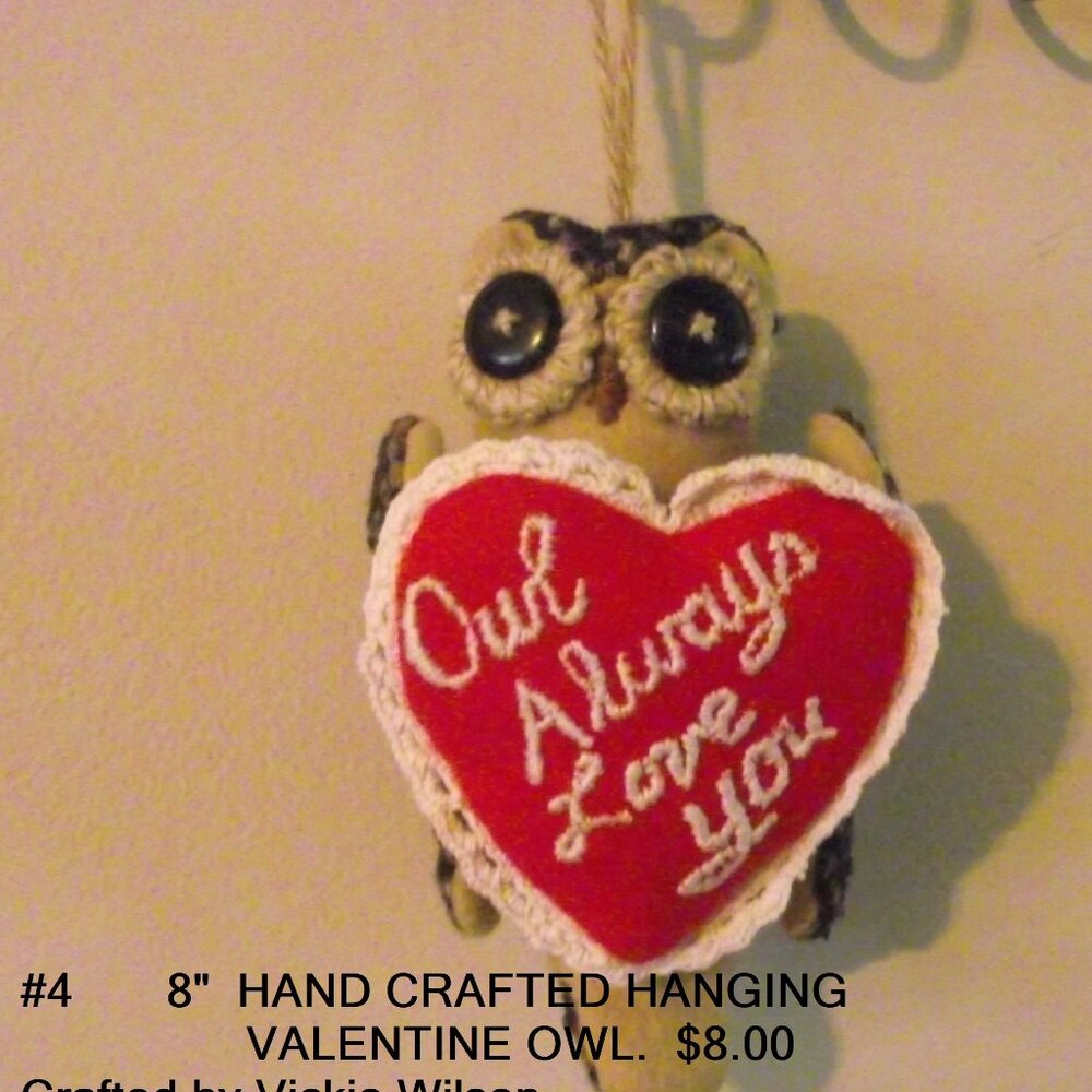 HANDCRAFTED HANGING OWL VALENTINE OR LOVE STUFFY